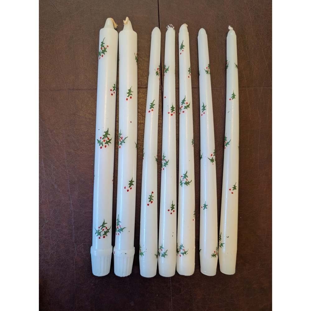 Set of 7 White Holly Berry Taper Candles Christmas Holiday Decor Vintage